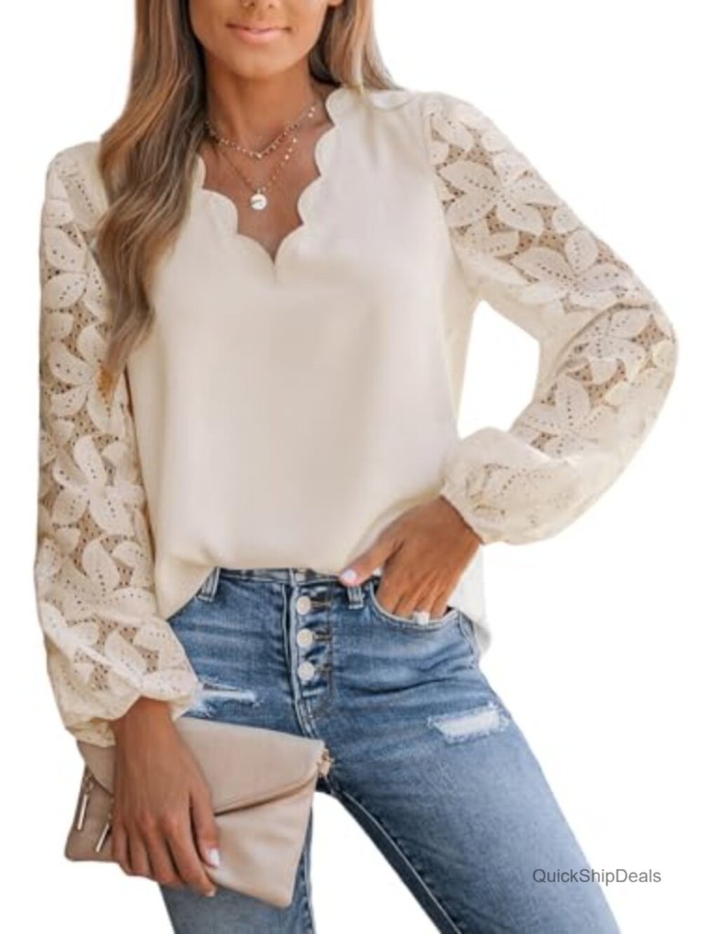 Lace Eyelet Scalloped V Neck Long Sleeve Blouse Polyester Lace Top